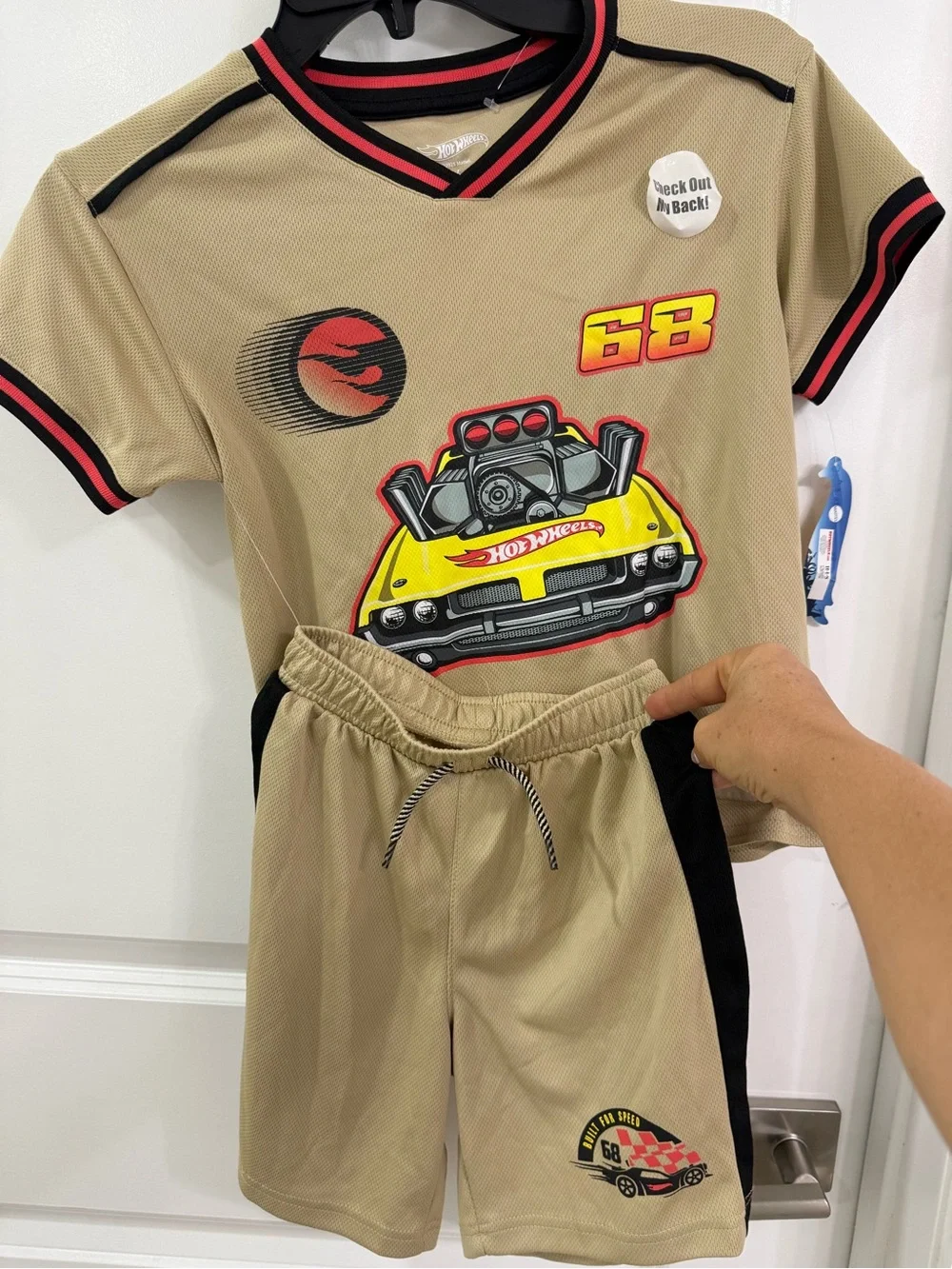Tan Short-Sleeve Kids Racing Tee with Yellow Car Graphic